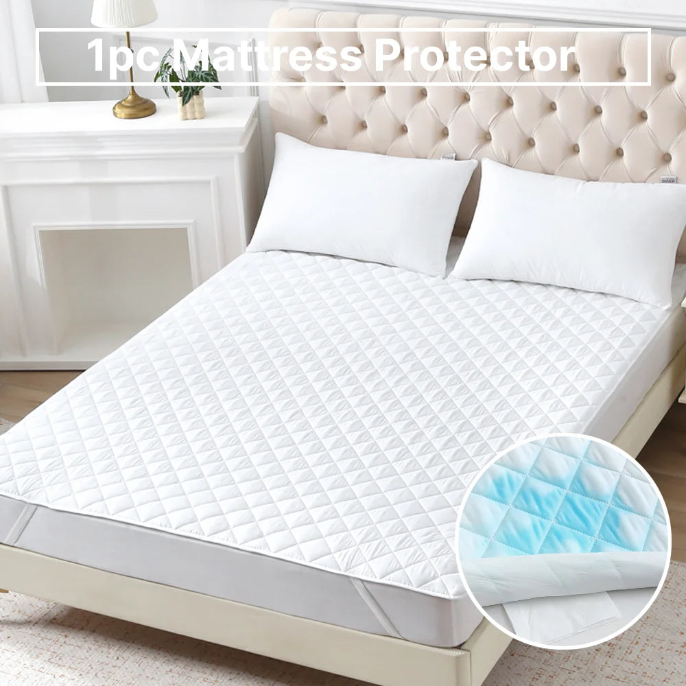 100% Waterproof Plaid Mattress Protector – Breathable Ultra-Soft Square Grid Cover with Elastic Corner Straps
