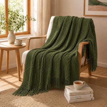 Sage Green Mixed Bobble Diamond Textured Knit Throw Blanket with Tassel Fringe, Soft Knitted Decorative Blanket, Lightweight Cozy Cover for Couch Sofa Bed, Boho Farmhouse Home Decor for Living Room Bedroom