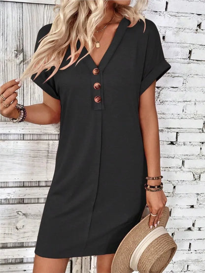 Women's V-Neck Button Down Mini Dress — Casual Summer Beach Party Dress