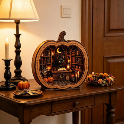 Black Cat Stand Cat Bookshop Pumpkin Figurine Black Pumpkin Scene Display Stand Halloween Pumpkin Figurine