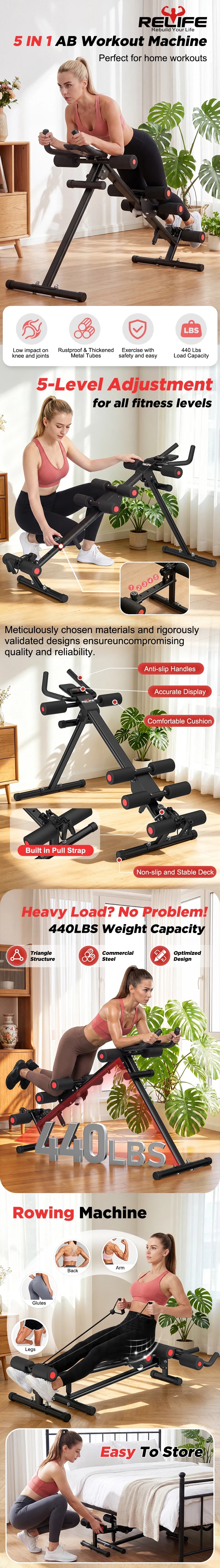 5 in 1 Adjustable Ab Trainer with Resistance Bands Multifunctional Core Training Equipment Foldable Full Body Home Workout Gear for Small Space Fitness