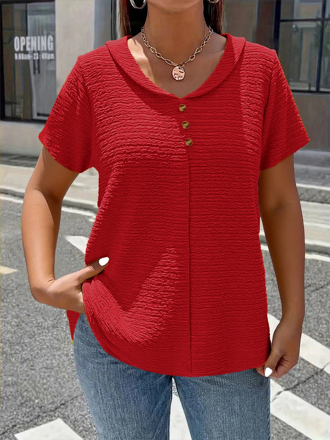 Women's Plus Size Doll Neck Short Sleeve Top — Elegant Textured Blouse