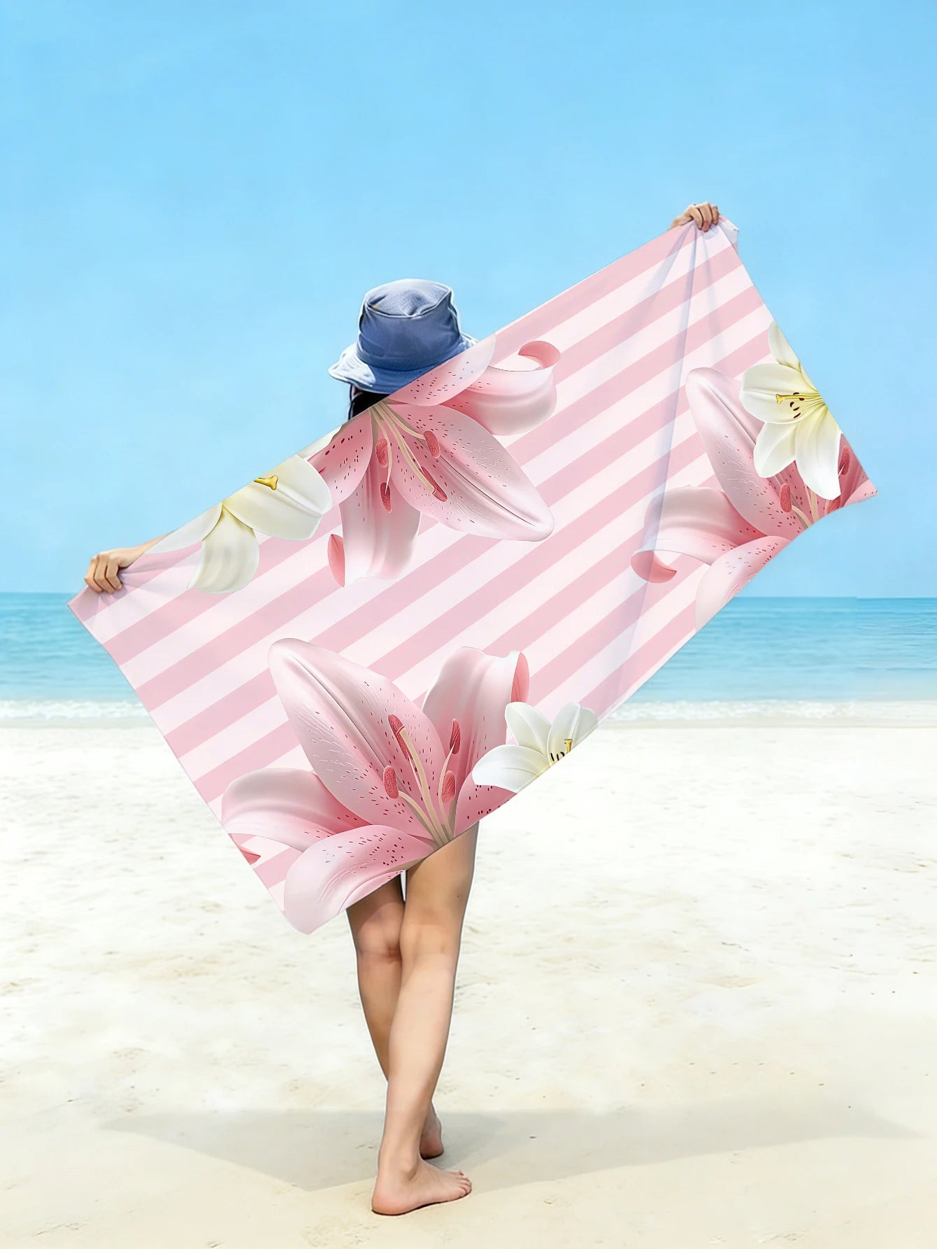 1pc pink striped beach towel, large floral printed beach towel, ultra-fine