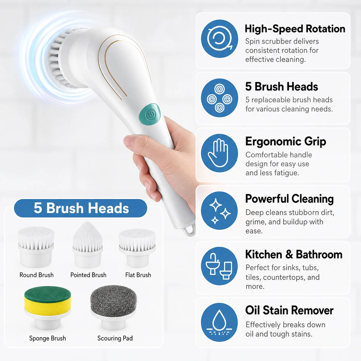 Electric Spin Scrubber, 5 Brush Heads