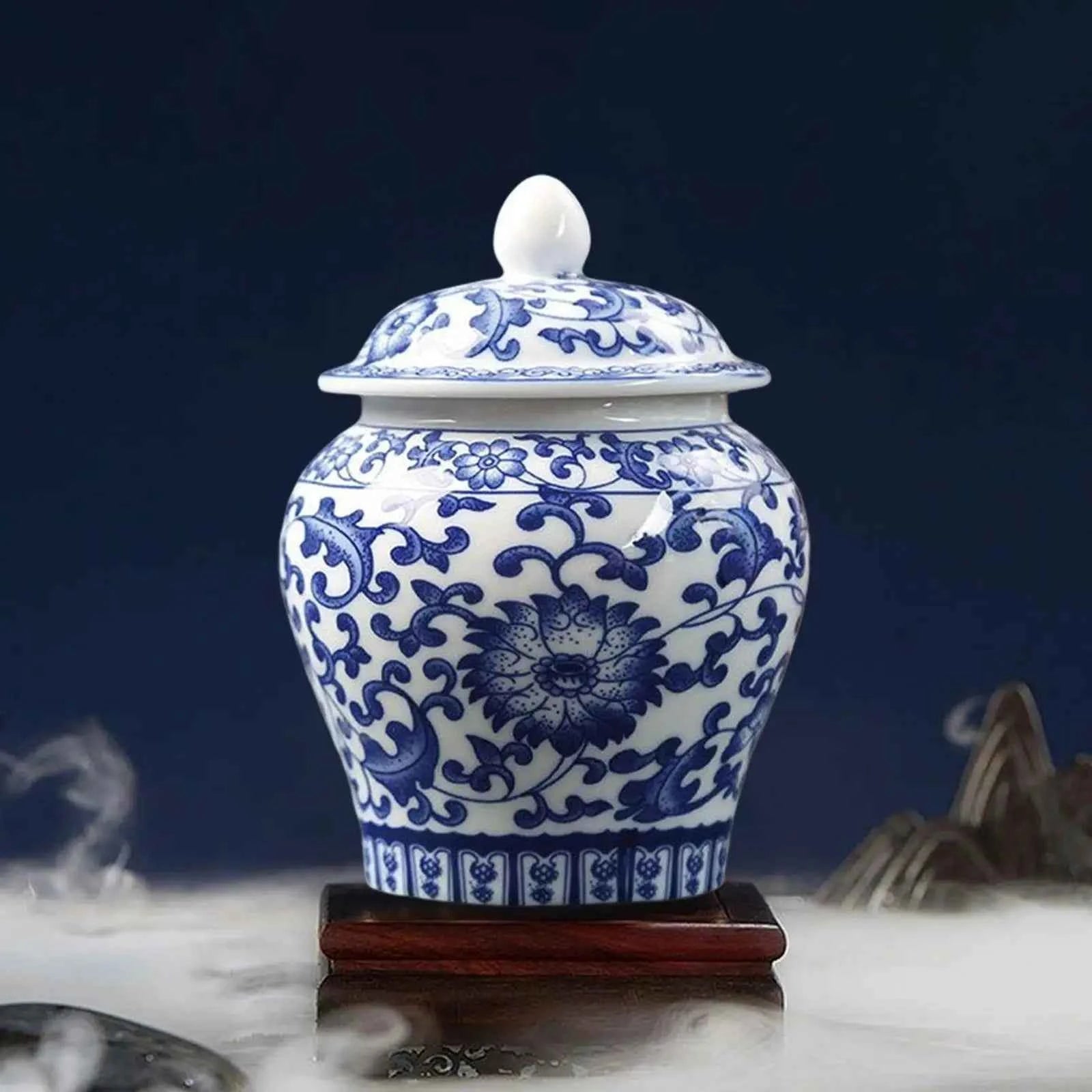 Chinese Blue White Porcelain Decorative Temple Jar Vase with Lid,Tea Canister Ceramic Tea Organizer Box Storage Coffee Container