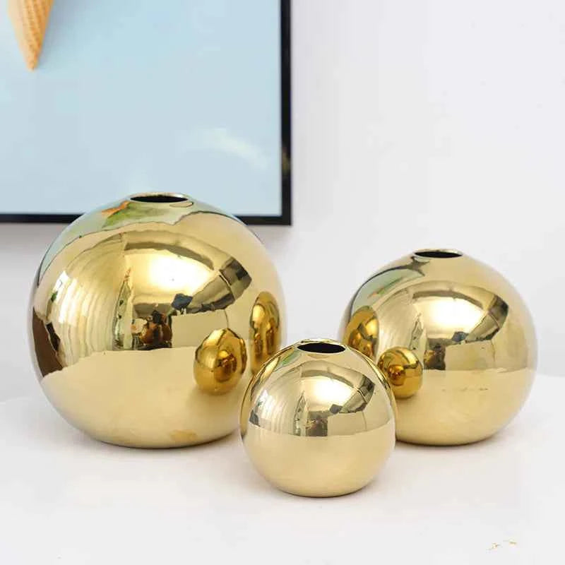 European Electroplated Gold Ball Ceramic Vase Ornament Hydroponic Flower Vase Flower Arrangement Plant Table Living Room Decor