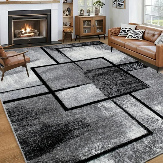 VIKAMA Modern Gray & Black Geometric Square Area Rug – Non-Slip Washable Soft Carpet