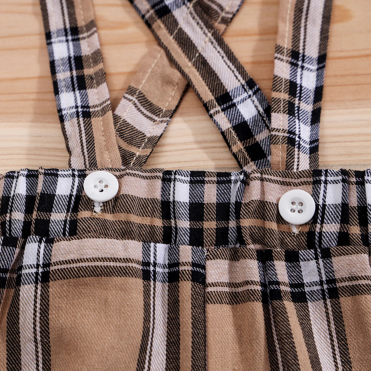 Plaid Bear Print Bodysuit & Suspender Trousers Set