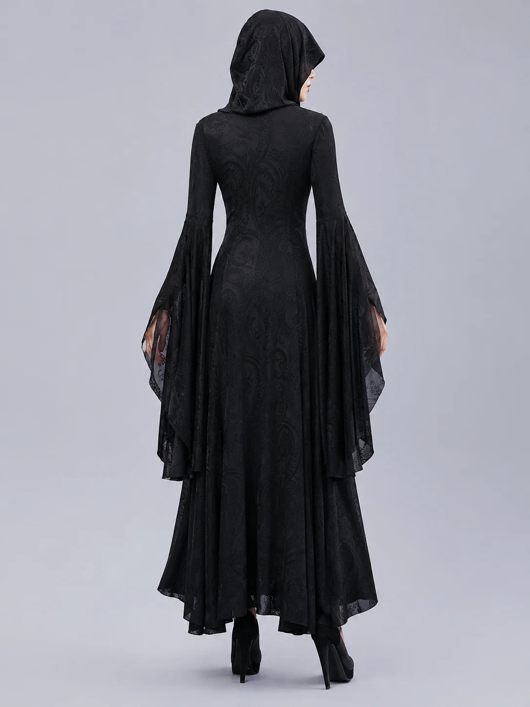 Women Gothic Witch Hooded Maxi Dress Bell Long Sleeve Jacquard Mesh V‑Neck Button Front Floor‑Length Gown Halloween Cosplay Costume for Party Carnival
