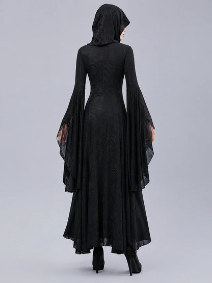 Women Gothic Witch Hooded Maxi Dress Bell Long Sleeve Jacquard Mesh V‑Neck Button Front Floor‑Length Gown Halloween Cosplay Costume for Party Carnival