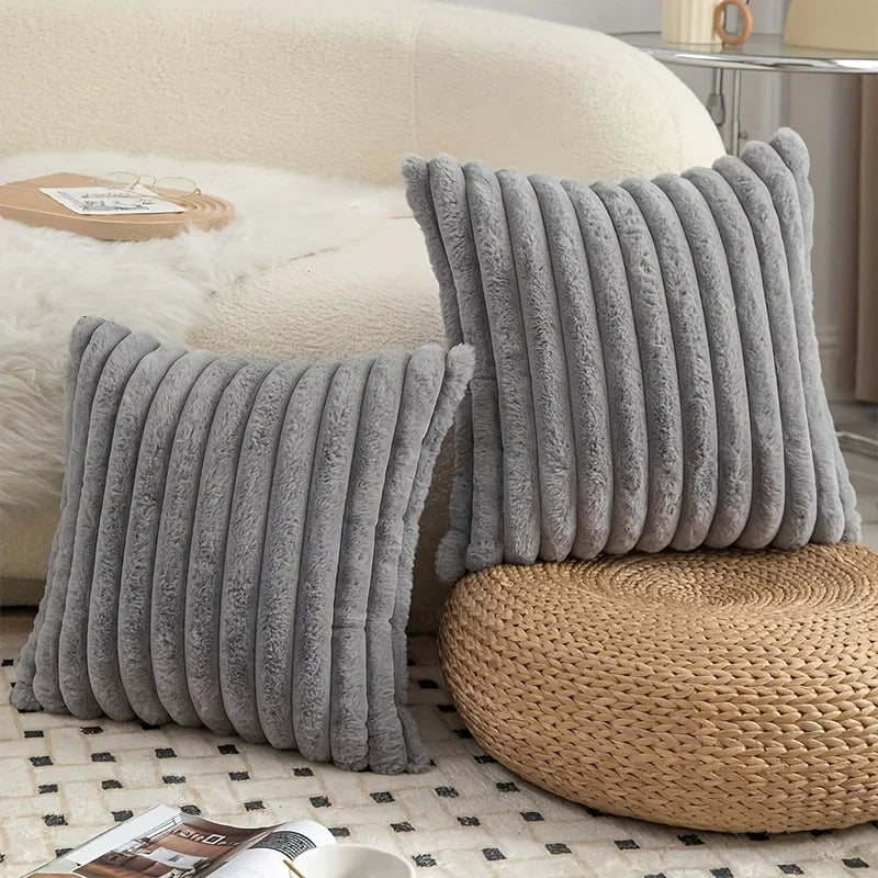 Fuzzy Striped Plush Throw Pillow Cover, Green