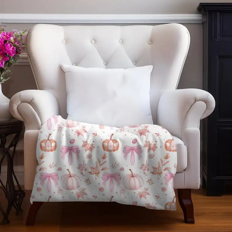 Halloween Velveteen Plush Blanket |   Whimsical Pink Pumpkin Fall Home Decor |   Cozy Autumn Dorm Room Bedding |   Cute Halloween Throw Blanket