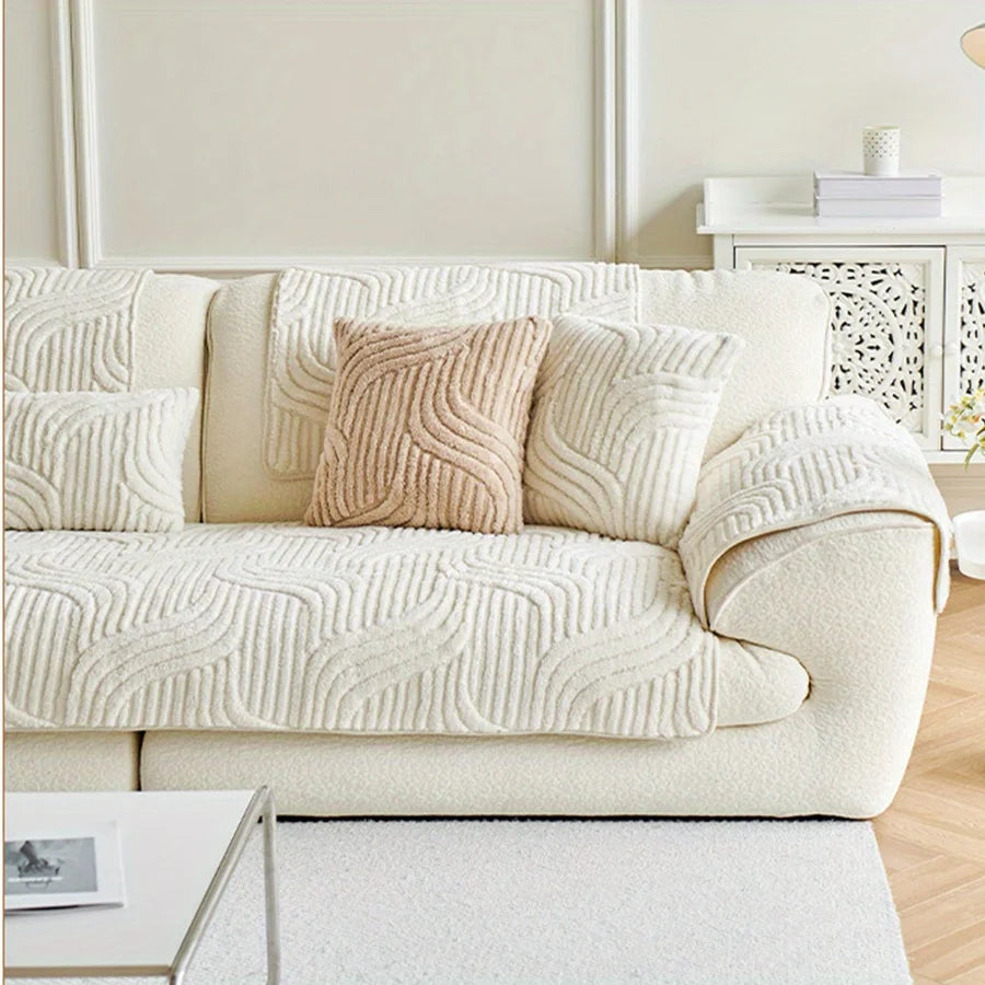 Cream Striped Velvet Sofa Cover, Non-Slip