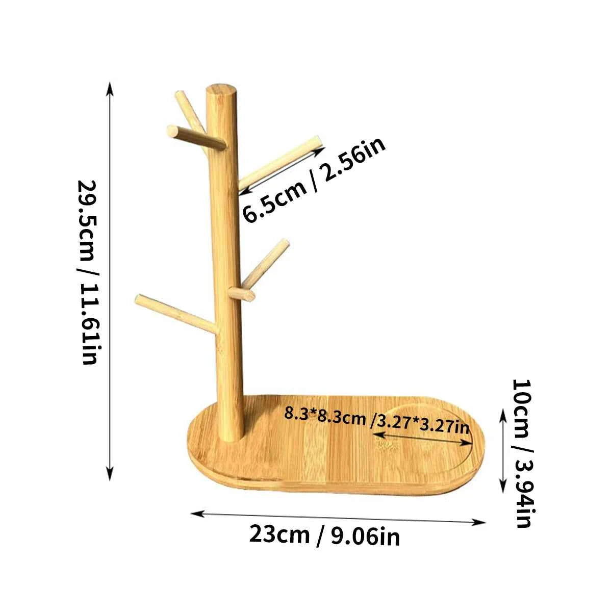 Mug Tree Holder - Bamboo Coffee Cup Rack with 3/6 Hooks, Non-Slip Kitchen Organizer for Counter, Perfect for Home & Cafe Decor