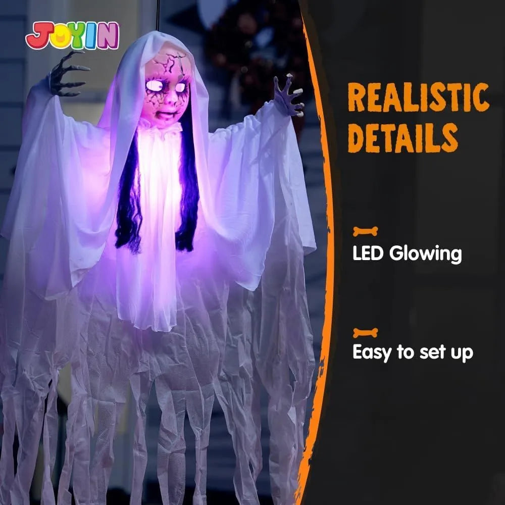 43" Outdoor Halloween Decoration, Scary Girl Hanging Ghost Decor Sound Activated with Light-up Head for Yard, Patio, Haunted House Lawn Garden,Halloween voice control glowing sound standing swaying ghost