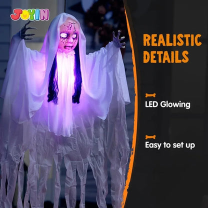 43" Outdoor Halloween Decoration, Scary Girl Hanging Ghost Decor Sound Activated with Light-up Head for Yard, Patio, Haunted House Lawn Garden,Halloween voice control glowing sound standing swaying ghost