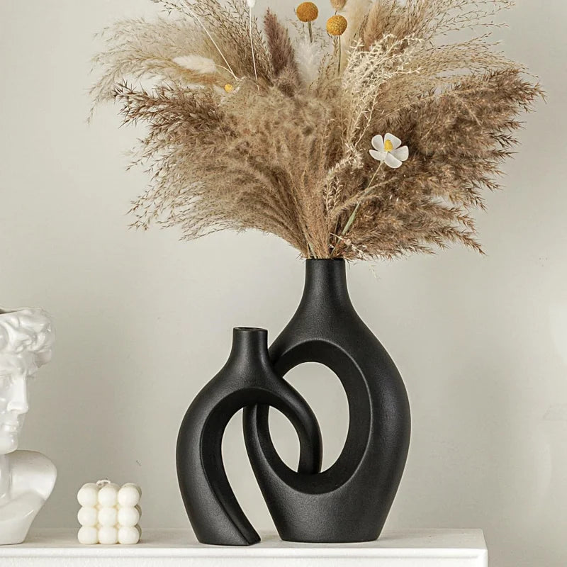 Ensemble de 2 vases en céramique d'imitation moderne, vases à fleurs décoratifs creux au design scandinave médiéval pour la décoration intérieure