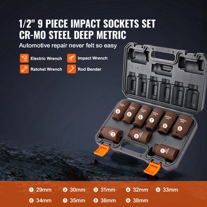 1/2" Drive Impact Socket Set 9 Piece Deep Socket Set Metric 29-38mm 6 Point Cr-Mo Alloy Steel for Auto Repair