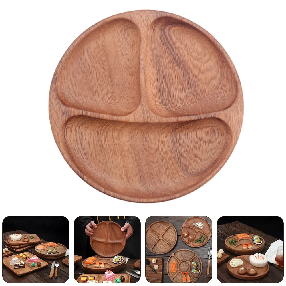 Wooden Dining Plates Portion Control Divided Dishes Household Tableware Luncheon Plates Dinnerware Sets Wood Plates