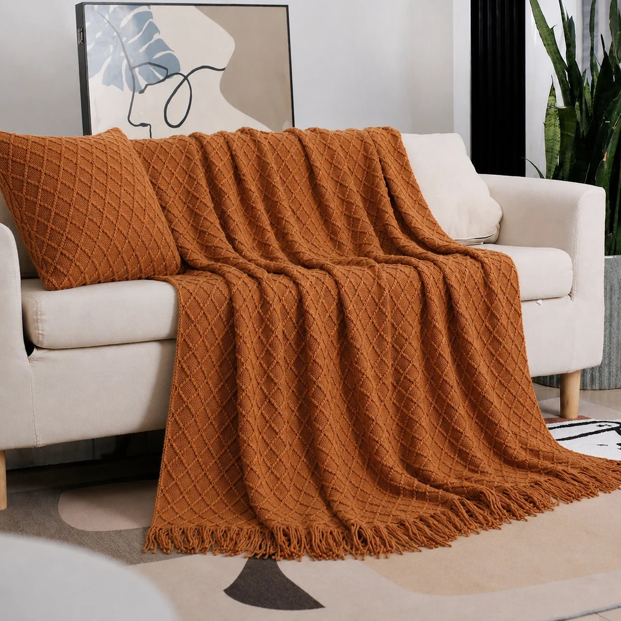 Beige Openwork Textured Knit Throw Blanket with Tassel Fringe, Soft Knitted Decorative Blanket, Lightweight Cozy Cover for Couch Sofa Bed, Boho Farmhouse Home Decor for Living Room Bedroom
