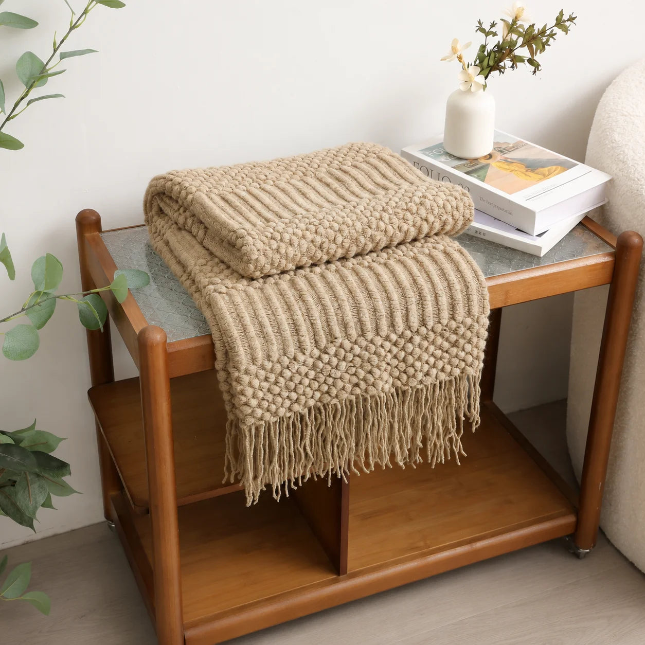 Cream Popcorn Bobble Textured Knit Throw Blanket with Tassel Fringe, Soft Knitted Decorative Blanket, Lightweight Cozy Cover for Couch Sofa Bed, Boho Farmhouse Home Decor for Living Room Bedroom