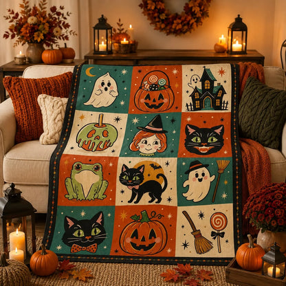 Retro 50s Halloween Sherpa Blanket, Vintage Midcentury Cute Ghost Fleece Throw, Kawaii Halloween Blanket Gift