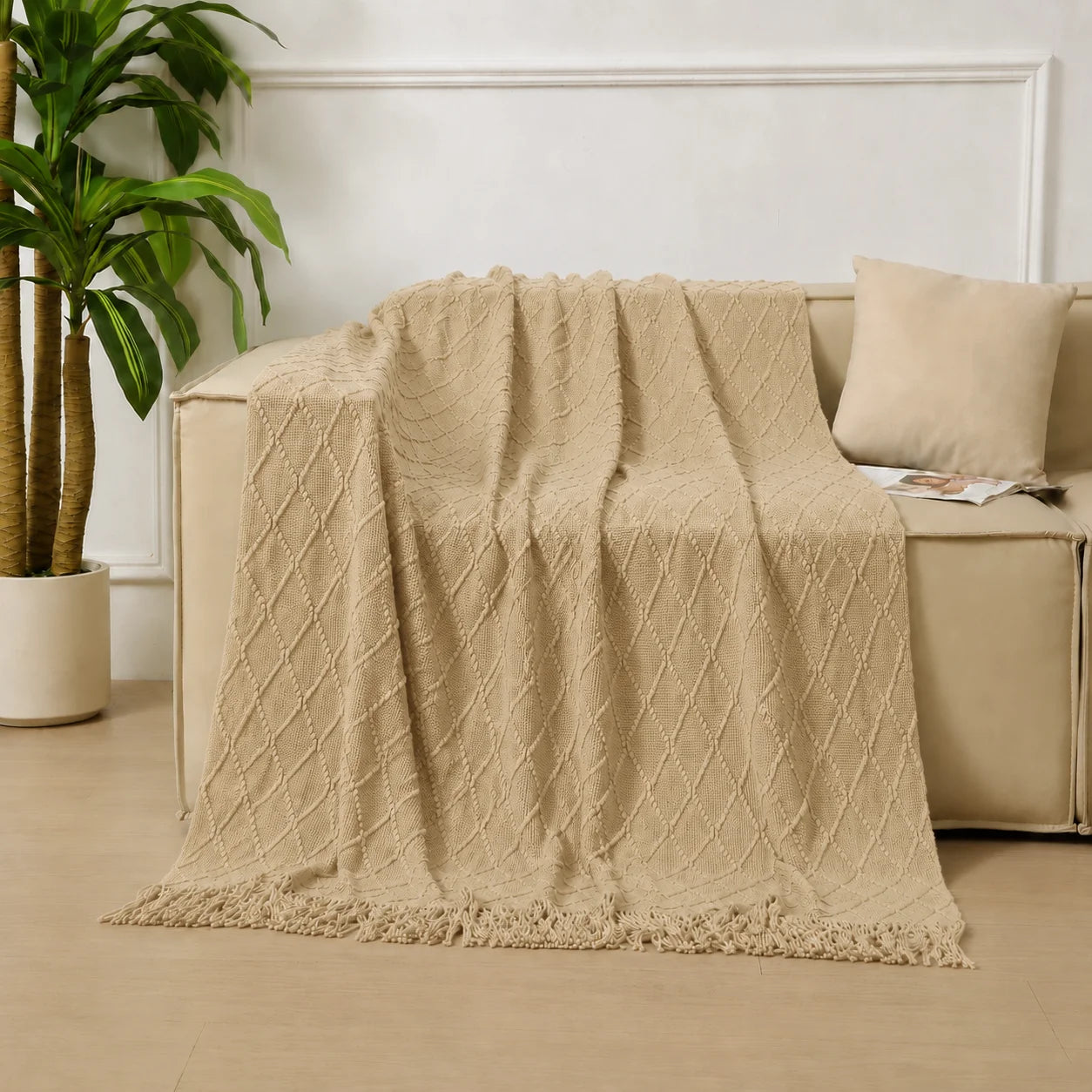 Dark Green Geometric Bobble Textured Knit Throw Blanket with Tassel Fringe, Soft Knitted Decorative Blanket, Lightweight Cozy Cover for Couch Sofa Bed, Boho Farmhouse Home Decor for Living Room Bedroom