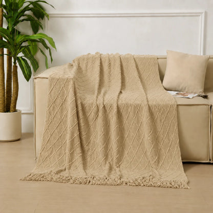 Dark Green Geometric Bobble Textured Knit Throw Blanket with Tassel Fringe, Soft Knitted Decorative Blanket, Lightweight Cozy Cover for Couch Sofa Bed, Boho Farmhouse Home Decor for Living Room Bedroom