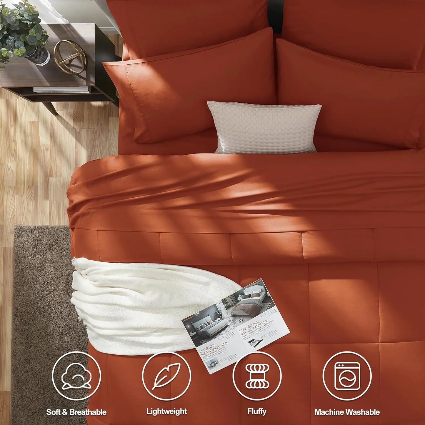 Queen Comforter Set Terracotta 7 Pieces Bed in a Bag with Quilted Comforter and Sheets