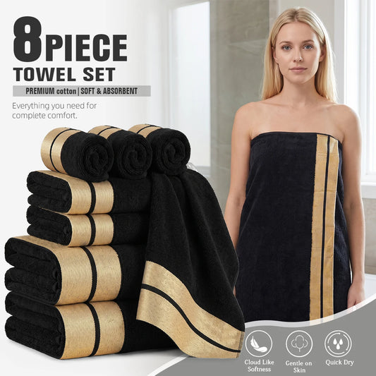 8-Piece Luxury Pure Cotton Bath Towel Set, 2 Bath Towels + 2 Face Towels