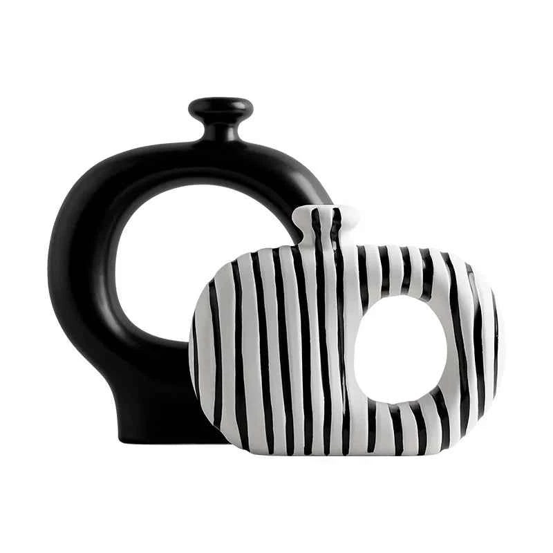 Beihanmei Creative Retro Black White Striped Ceramic Vase for Flower Arrangement Living Room Decor