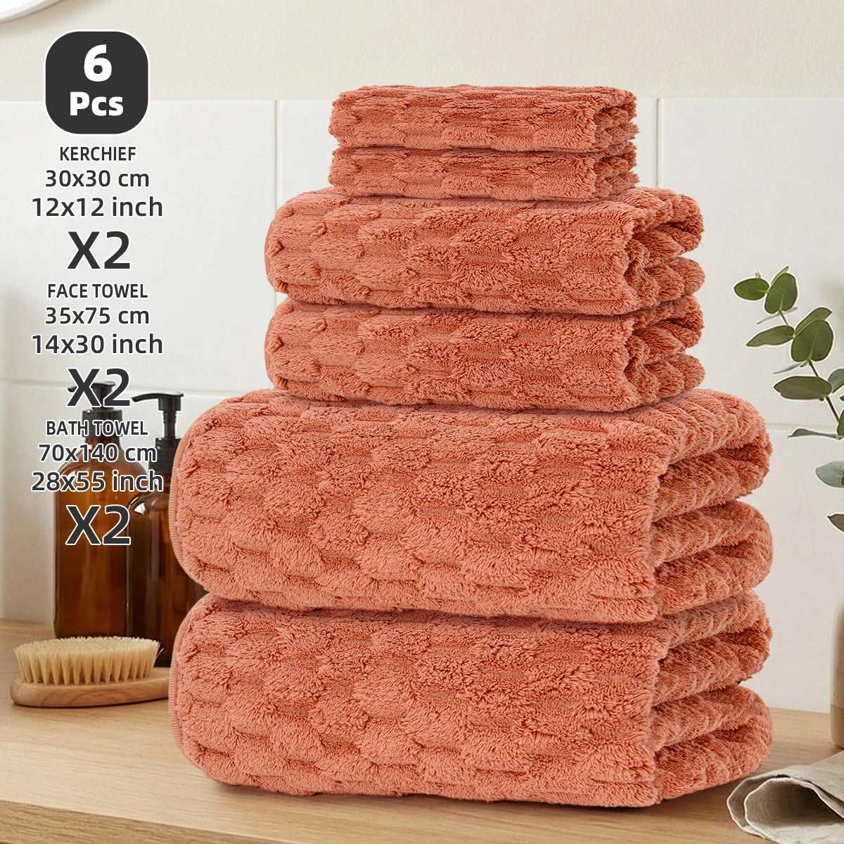 6-Piece Bath Towel Set, 2 Bath Towels + 2 Hand Towels + 2 Square Towels