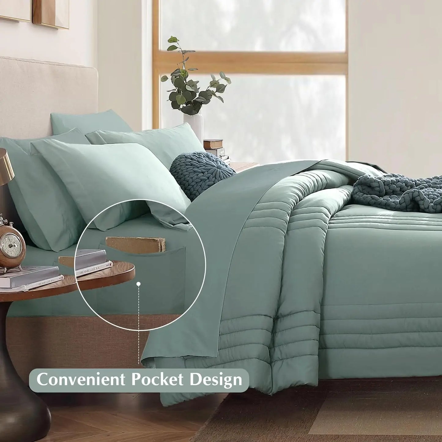 Queen Comforter Set 7 Pieces Sage Green Bed in a Bag with Sheets and Pillowcases
