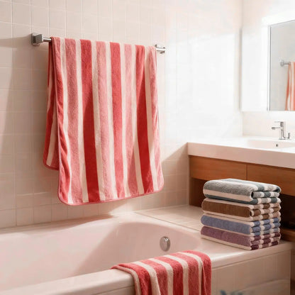 Oversized Striped Coral Fleece Bath Towel Ultra Soft Thickened Shower - Beach Towel