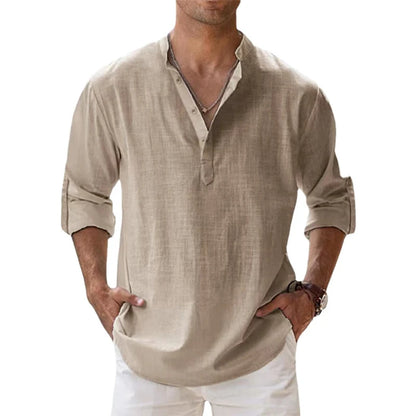 Men's Cotton Linen Long Sleeve Henley Beach Shirt — Lightweight Hawaiian T-Shirt