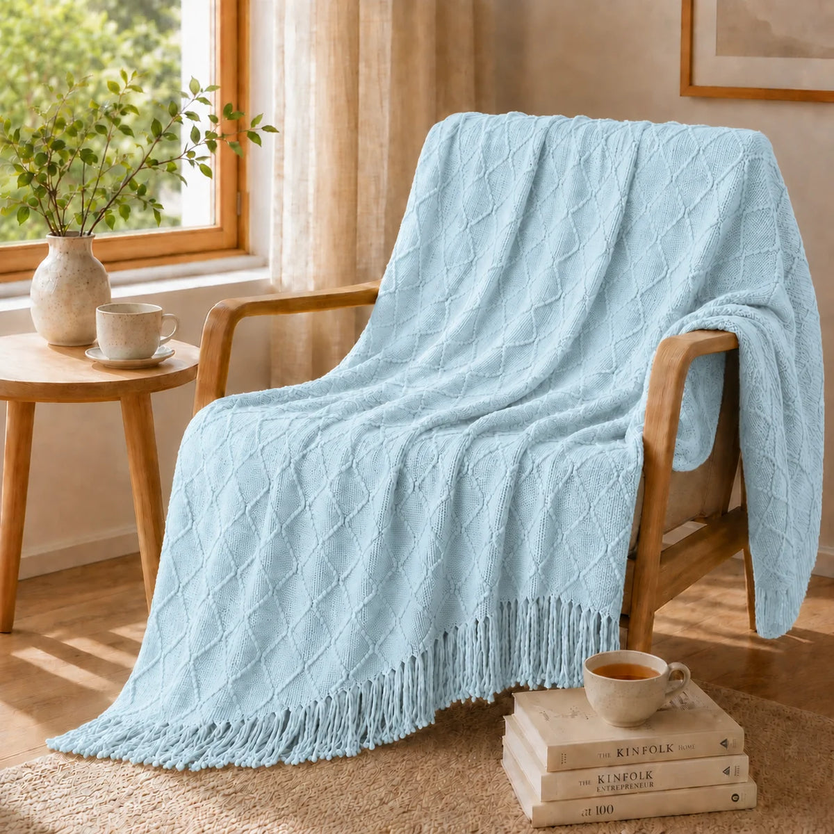 Sage Green Mixed Bobble Diamond Textured Knit Throw Blanket with Tassel Fringe, Soft Knitted Decorative Blanket, Lightweight Cozy Cover for Couch Sofa Bed, Boho Farmhouse Home Decor for Living Room Bedroom
