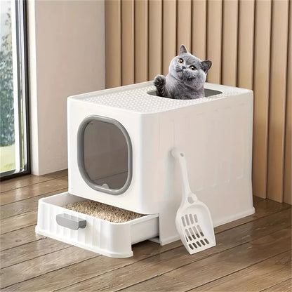 Enclosed Cat Litter Box with Pull Drawer & Scoop — Anti-Splash Kitten Training Toilet