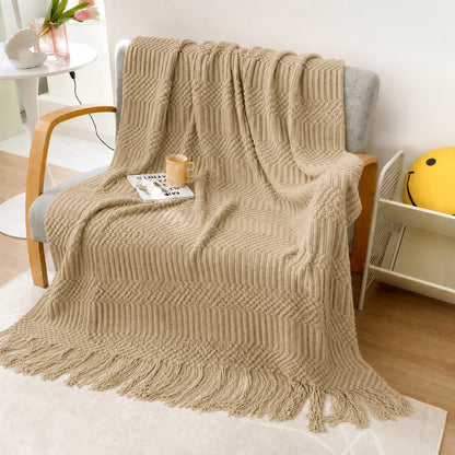 Sage Green Diamond Knit Throw Blanket with Tassels