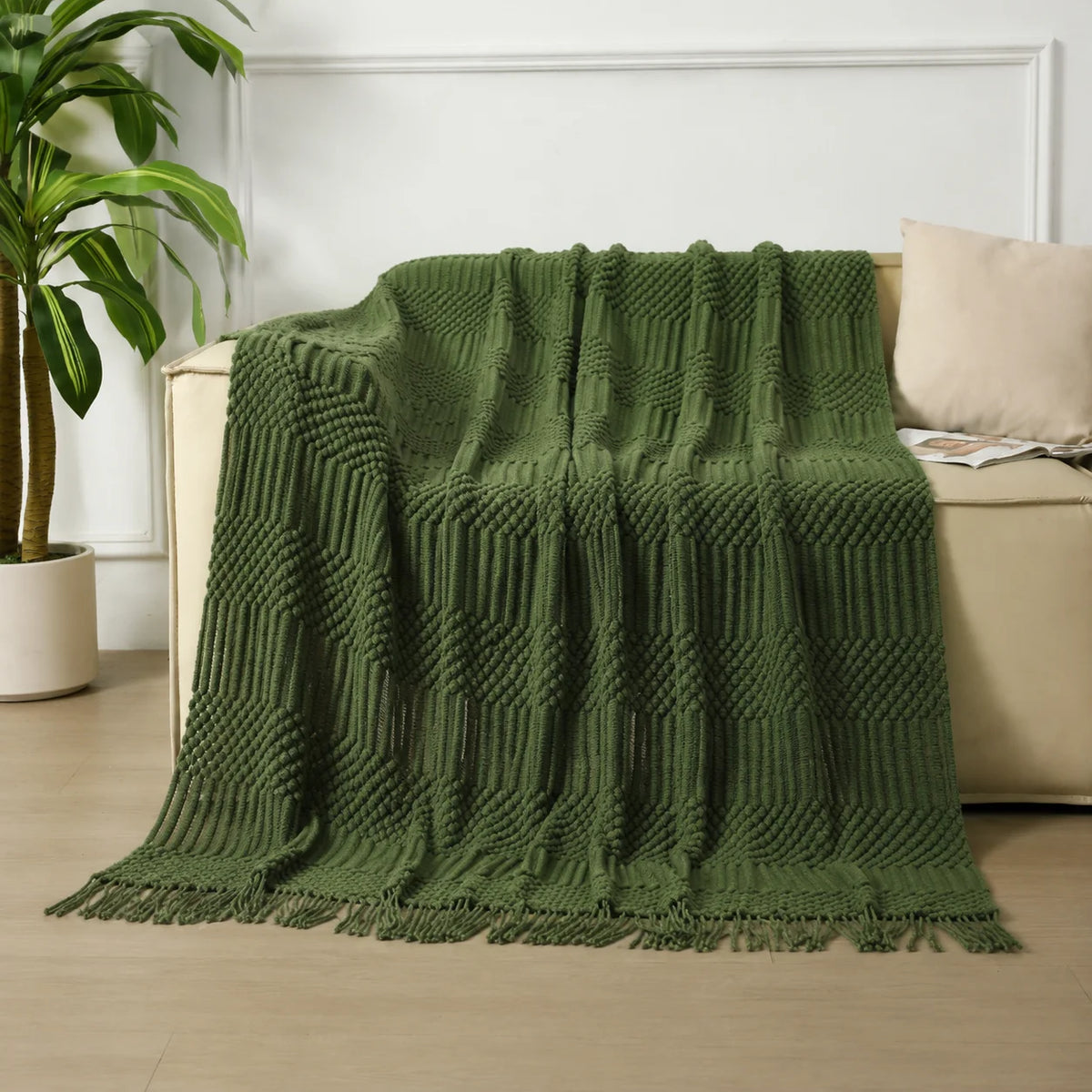 Dark Green Geometric Bobble Textured Knit Throw Blanket with Tassel Fringe, Soft Knitted Decorative Blanket, Lightweight Cozy Cover for Couch Sofa Bed, Boho Farmhouse Home Decor for Living Room Bedroom