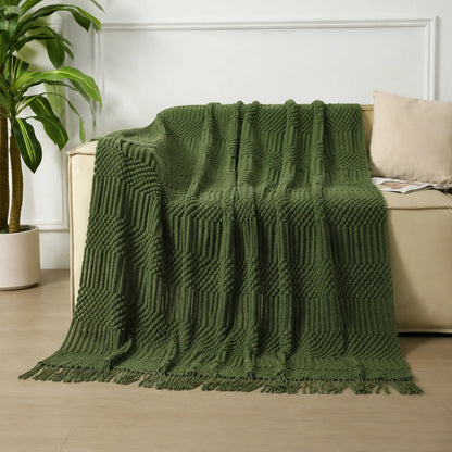 Dark Green Geometric Bobble Textured Knit Throw Blanket with Tassel Fringe, Soft Knitted Decorative Blanket, Lightweight Cozy Cover for Couch Sofa Bed, Boho Farmhouse Home Decor for Living Room Bedroom