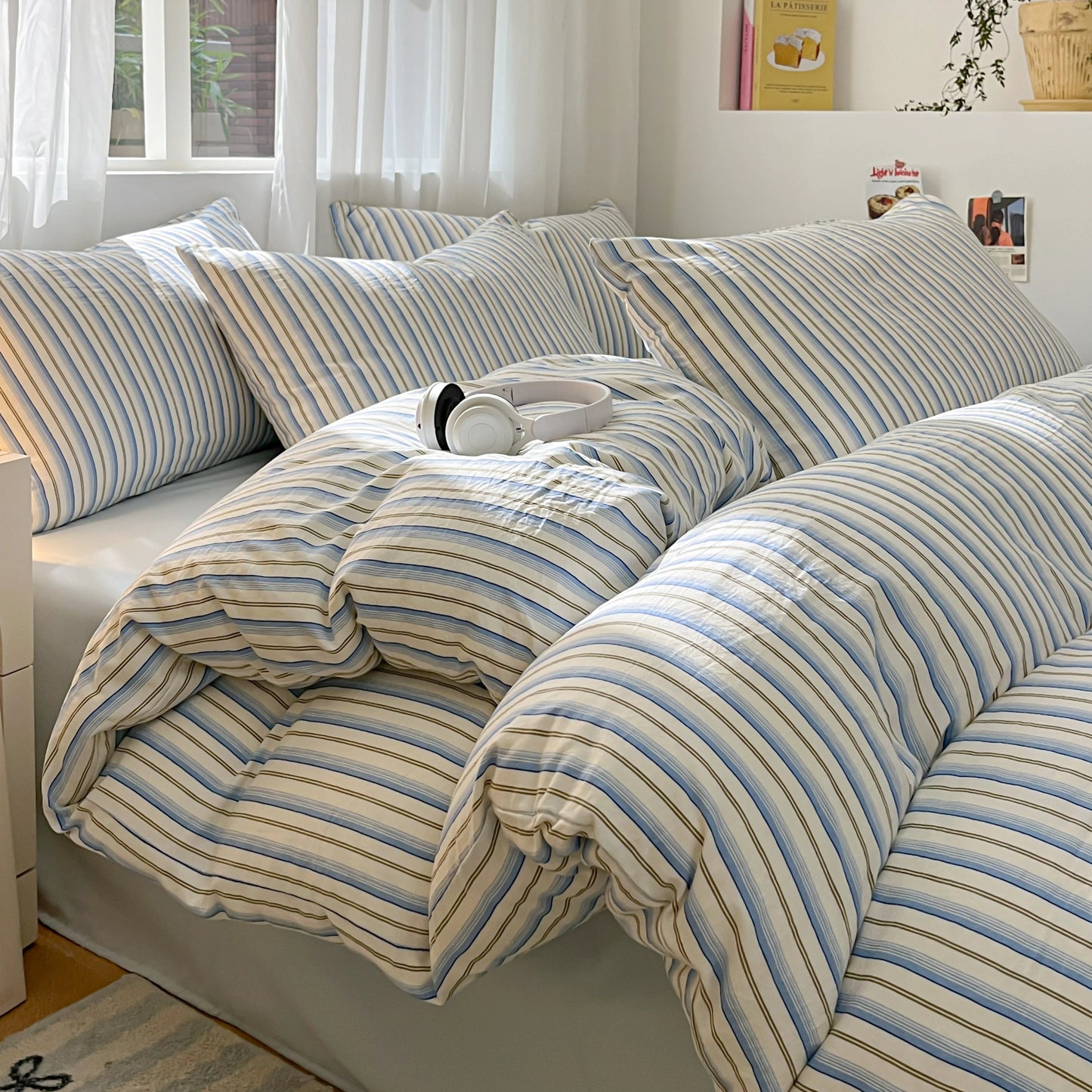 3/4 Pcs Blue Checkered Bedding Set Simple Style Soft Skin Friendly Duvet Cover Flat Sheet and Pillowcases Single Double Bed Sets