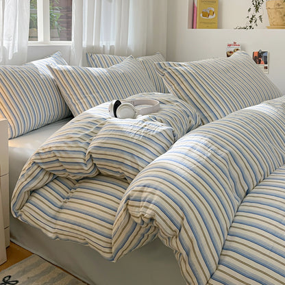 3/4 Pcs Blue Checkered Bedding Set Simple Style Soft Skin Friendly Duvet Cover Flat Sheet and Pillowcases Single Double Bed Sets