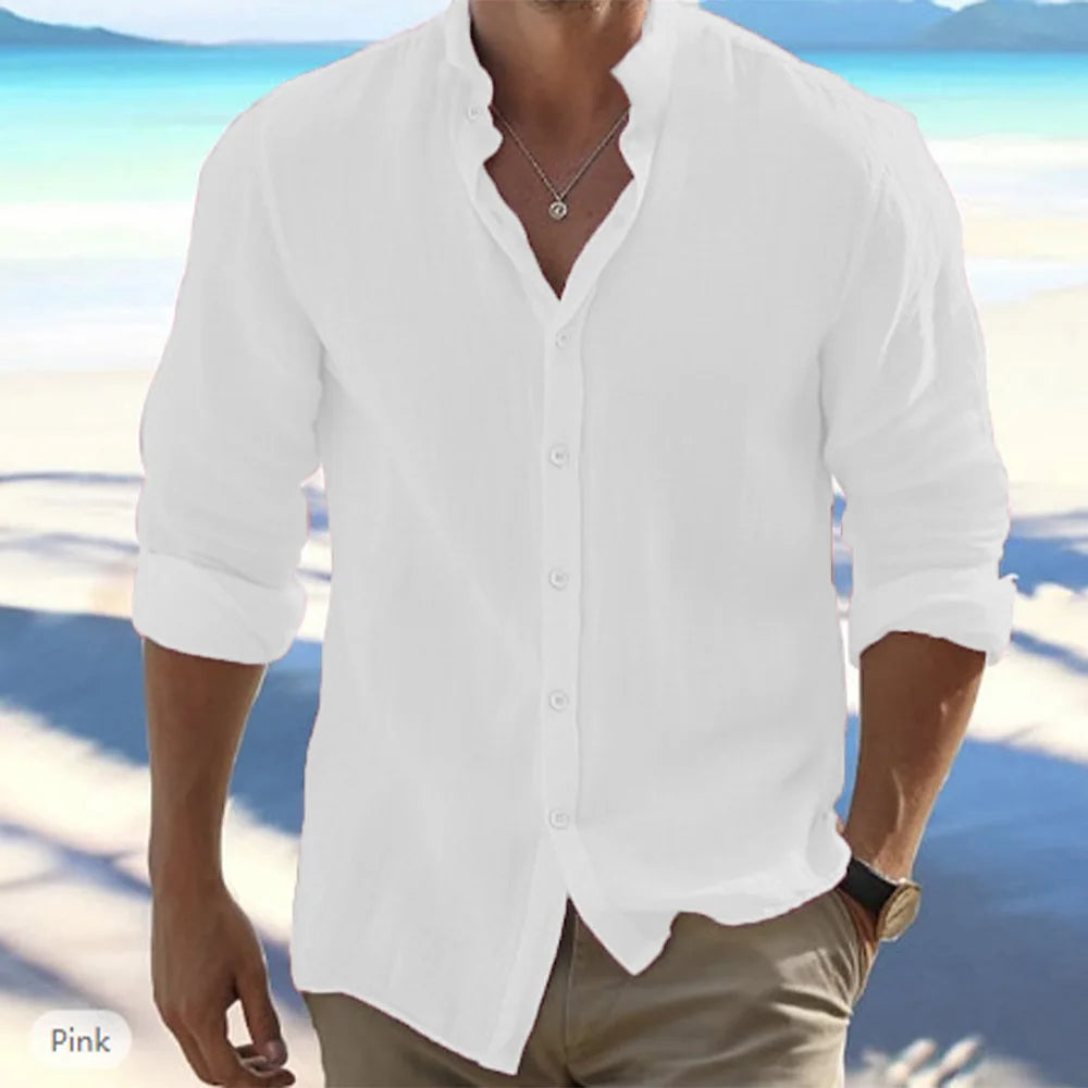 Men's Cotton Linen Long Sleeve Stand Collar Beach Shirt — Solid Color Plus Size Casual Top