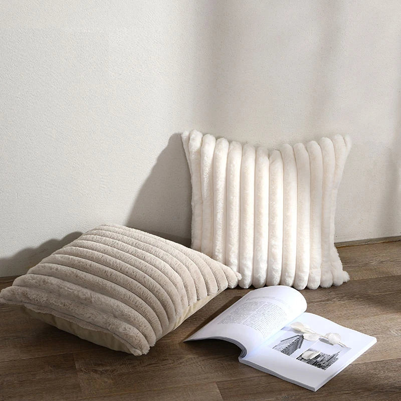 Fuzzy Striped Plush Throw Pillow Cover, Green
