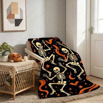 Halloween Skeleton Dancing Decorative Throw Blanket Soft Cozy Flannel Large Festive Blanket for Sofa Bed Couch Travel Camping Living Room Warm Bedspread Night Party Gift
