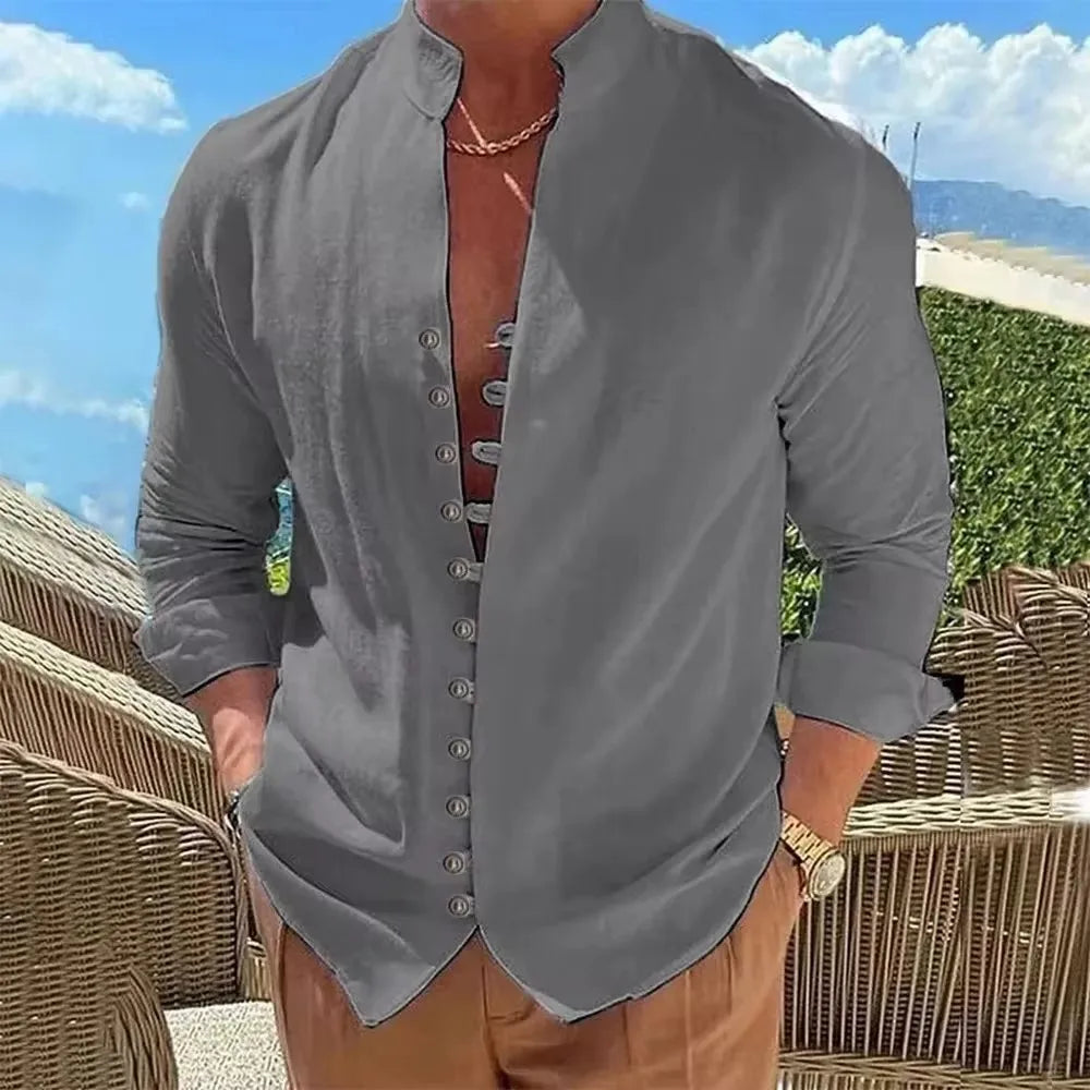 Men's Cotton Linen Shirt — Long Sleeve Button-Up Solid Color Plus Size Casual Top