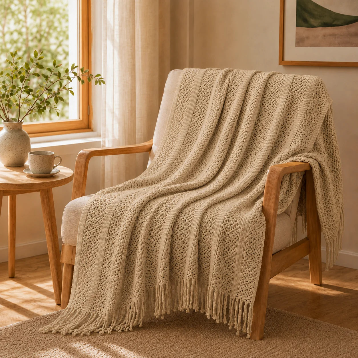 Sage Green Mixed Bobble Diamond Textured Knit Throw Blanket with Tassel Fringe, Soft Knitted Decorative Blanket, Lightweight Cozy Cover for Couch Sofa Bed, Boho Farmhouse Home Decor for Living Room Bedroom