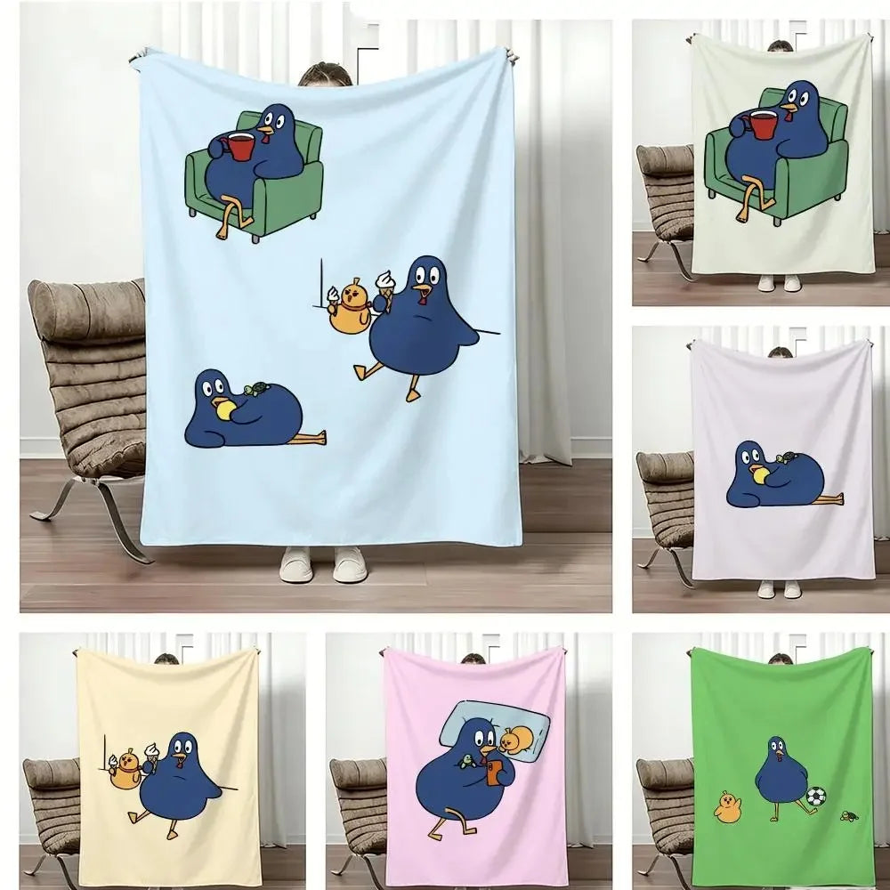 Funny Cartoon Blue Bird Series Flannel Throw Blanket Cute Bird Doing Daily Activities Cozy Soft Lightweight Blanket for Bedroom Sofa Kids Room Home Decoration