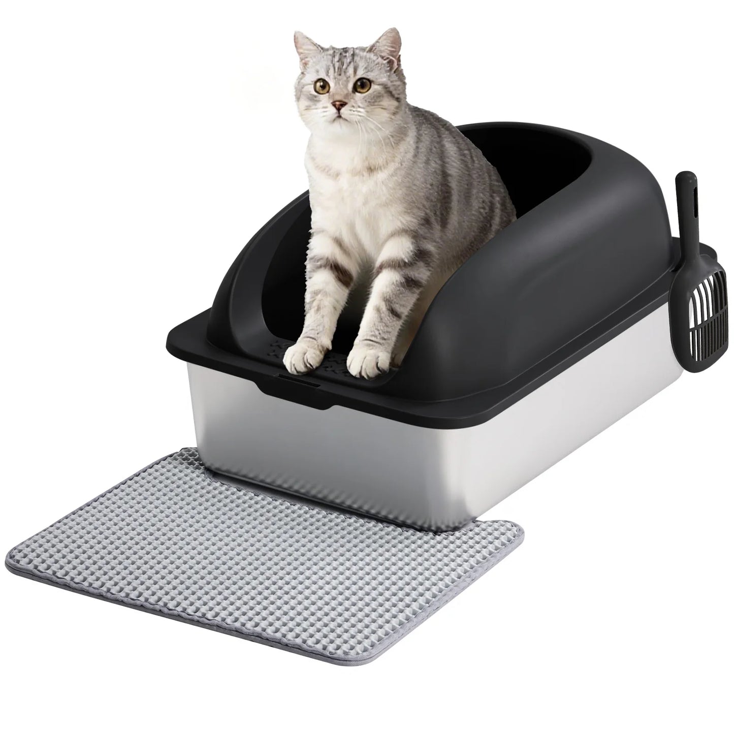 JHK 24" Stainless Steel Cat Litter Box with Lid — Anti-Urine, Scoop & Mat Included