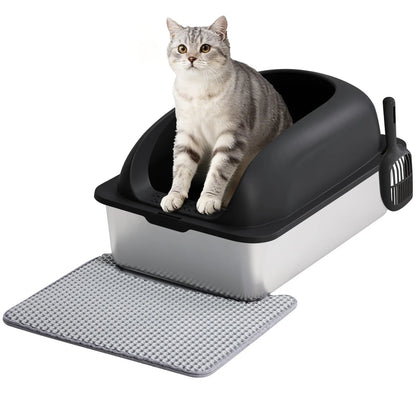 JHK 24" Stainless Steel Cat Litter Box with Lid — Anti-Urine, Scoop & Mat Included